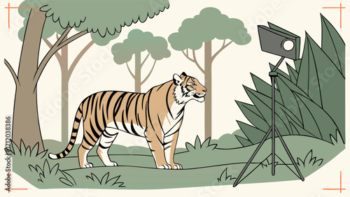 A majestic tiger in a forest setting illuminated by a studio light perfect for wildlife nature and documentary illustrations.