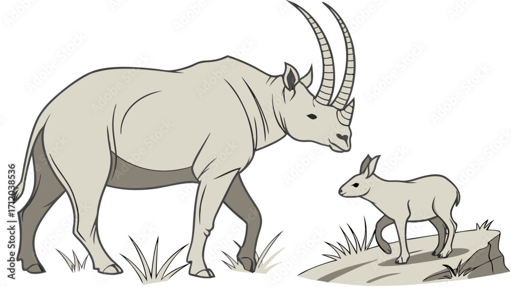 Fototapeta premium Adult and Baby Antelope Illustration Wildlife Line Art Mammal Vector Graphic Nature Drawing Animal Family Wild Animals African Fauna Zoo Animal Savannah Creature Grassland Mammal Horned.
