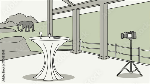 Illustration of a filming setup at a wildlife enclosure with a table and animal in the background.