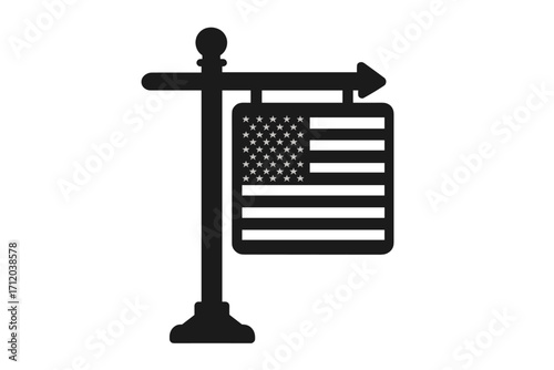 American flag signpost silhouette. USA patriotic symbol on a pointer. Icon for elections, direction, political campaigns, national pride, 4th of July, Memorial Day, USA made.