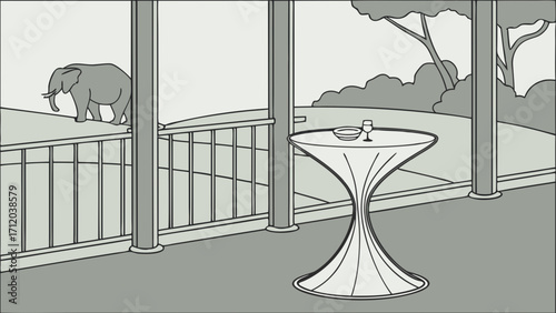 Illustration of an elephant seen from a veranda with a cocktail table and drinks.