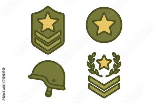 Military army icon set. Soldier rank insignia, veteran day symbol. Flat vector graphic. Armed forces badge collection with star, chevron, helmet, and laurel wreath emblems.