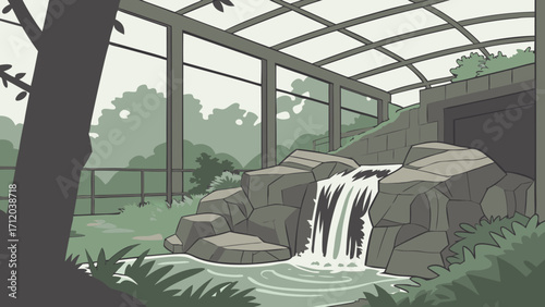 Indoor Waterfall Scene Tranquil Nature Illustration Serene Botanical Garden Design Green Tones Calm Atmosphere Relaxation Theme Zoo Enclosure Graphic Water Feature Artwork.