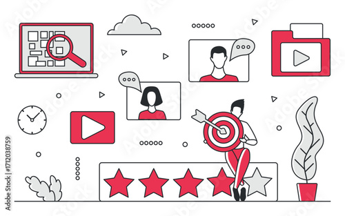 Businessman holding target with arrow, surrounded by five-star rating, user profiles, and digital media icons, representing feedback and evaluation process isolated vector illustration