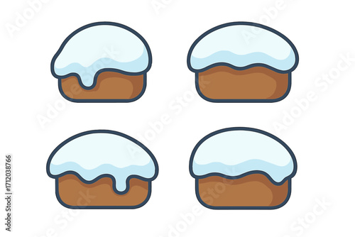 Set of Easter cake icons. Traditional Orthodox sweet bread, kulich with white glaze. Vector cartoon illustration for holiday celebration, bakery, pastry, dessert menu design.
