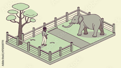 Isometric illustration of a person observing an elephant behind a fence zoo wildlife nature animal illustration.