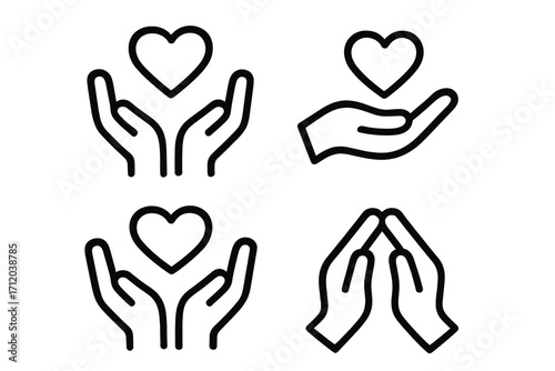 Charity and donation icon set. Hands holding a heart symbol of love, care, and support. Vector line art for volunteering, non-profit, and community help concepts. Hope.