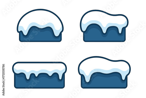 Set of snow caps, snowdrifts. Winter design elements collection. Cartoon vector illustration for Christmas decoration. Frozen ice cap icons. Icy snowball texture isolated.
