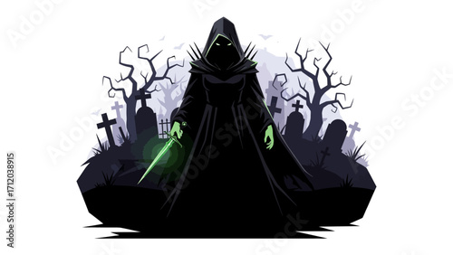 Grim Reaper in Graveyard: A hooded figure embodying the Grim Reaper stands within a spooky graveyard, holding a glowing spectral blade. A symbol of darkness, death and the uncanny.