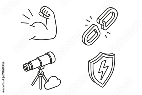 Isometric line icon set for business concepts. Strength and weakness, vision and cloud computing, security and protection. Vector pack with bicep, broken chain, and shield.