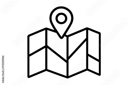 Map with location pin icon. Vector linear symbol for navigation, position, and address. GPS marker for a destination point. Simple outline illustration for travel and route guide.