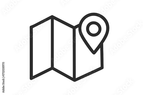 Map location pin icon. Simple line art symbol. Vector for GPS navigation and destination. Folded map with pointer marker for travel direction, route finding, and address concepts.