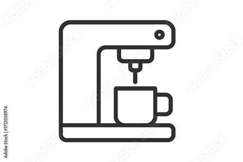Coffee machine icon. Espresso maker line art. Vector kitchen appliance for brewing hot drinks. Single cup coffeemaker for home or office break. Cafe symbol for menu design.