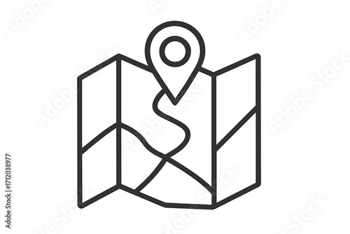Map location pin icon for navigation, travel. GPS route, destination point. Folded paper map with marker. Journey, discovery, trip guide concept. Linear outline vector symbol.