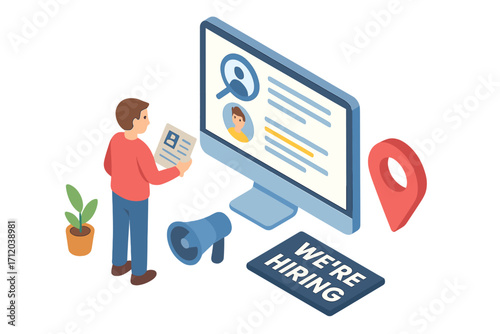 We're hiring isometric illustration. HR manager with CV searching for job vacancy. Human resources recruitment concept. Online candidate search for employment and career. Vector.