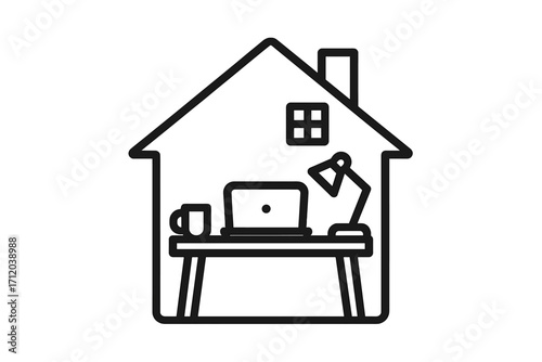 Work from home icon. Home office concept. Remote job, freelance workspace symbol. House silhouette with desk, computer, lamp inside. Quarantine, telecommuting sign.
