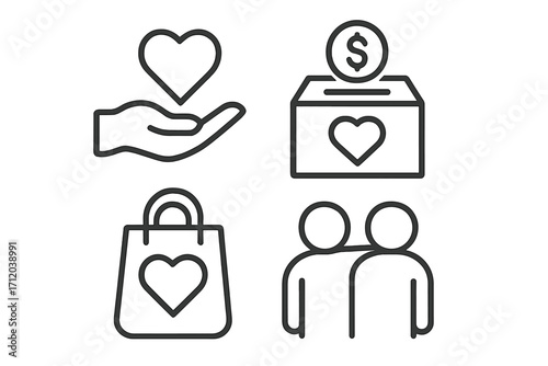 Charity and donation line icon set. Vector symbols for fundraising, volunteering, help and support. Concept of giving love, community care, social services and humanity.