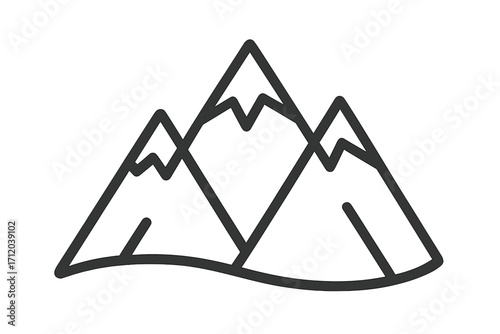 Mountain range line icon. Simple vector of mountains with snow peaks. Concept for nature, landscape, outdoor adventure, travel, hiking, climbing, exploration, tourism.