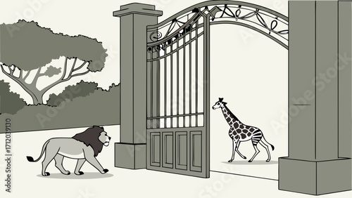 Lion and giraffe at ornate gate African savanna wildlife illustration zoo entrance animal encounter.