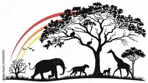 African Savanna Silhouette with Rainbow and Wildlife.
