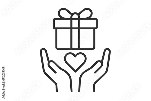 Charity donation concept. Hands holding a heart and a gift box. Symbol of giving, love, care, support, and kindness. Philanthropy and volunteering vector line icon.