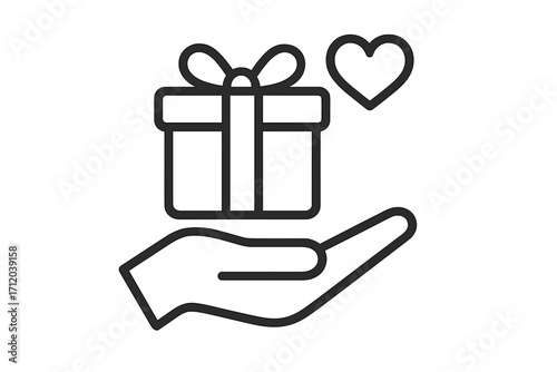 Charity and donation icon. Hand giving a gift box with heart. Symbol of love, kindness, support, and generosity. Vector line art for volunteering or philanthropy concept.