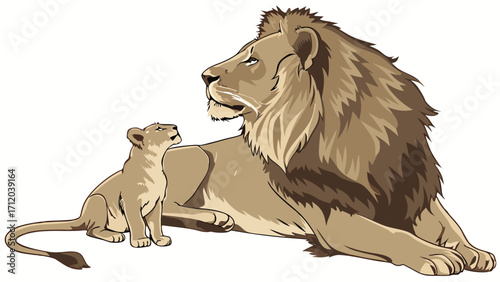 Lion and Cub Majestic Wildlife Illustration African Animals Family Pride Nature Scene Wild Cat.