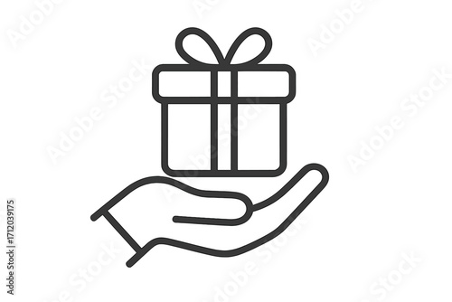 Hand giving gift box line icon. Present in palm. Concept of charity, donation, support. Generosity, kindness symbol. Loyalty program bonus. Surprise, celebration, love.