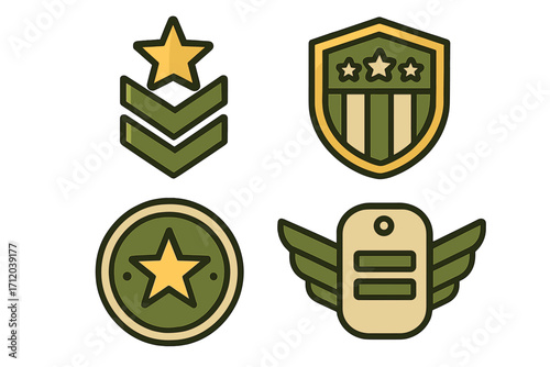 Military hero award icon set. Veteran day symbol collection. Army rank insignia, soldier medal, patriotic shield badge. Flat vector cartoon illustration for honor and glory.