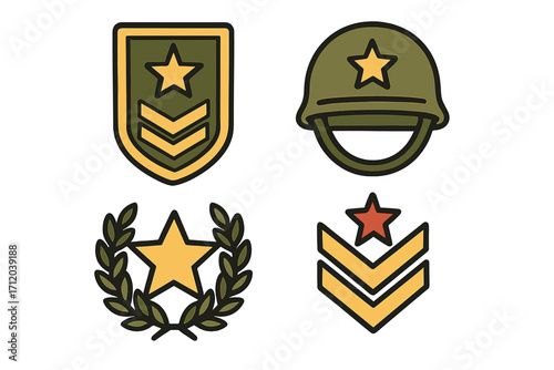 Military hero award icon set. Army soldier rank insignia collection. Veterans day symbol with star, shield, and laurel wreath. Armed forces emblem and badge vector illustration.