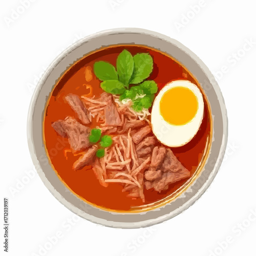 Flat 2D illustration of a bowl of spicy beef soup called soto, with clear broth, shredded beef, boiled egg, and lime