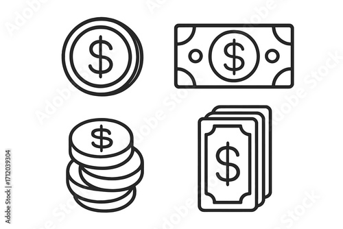 Money icon set. Dollar cash symbol. Vector outline icons for finance, banking, and payment. Coins and banknotes illustration. Concept for economy, savings, investment, and wealth.