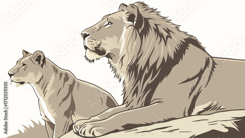 Lioness and Male Lion African Wildlife Big Cats Vector Illustration Wildlife Art Animal Portrait Savannah Animals Nature Illustration Pride Majestic Animals Wild Animals Jungle Animals.