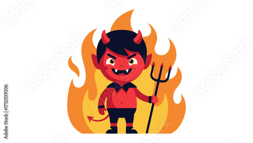 Fiery Mischief: A cartoon depiction of a devil stands confidently amidst roaring flames, complete with devil horns and a sinister pitchfork, exuding a playful yet wicked charm. 