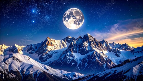 Full Moon Over Snow-Capped Mountains at Night.