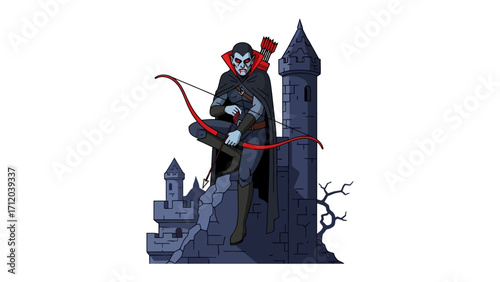 Vampire Archer Silhouette: A mysterious and stoic vampire archer, poised with bow drawn against a backdrop of a gothic castle, exudes an aura of dark fantasy.