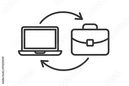 Hybrid work model icon. Laptop and briefcase with exchange arrows. Flexible schedule, remote job, and freelance concept. Office and home work balance. Business vector symbol.