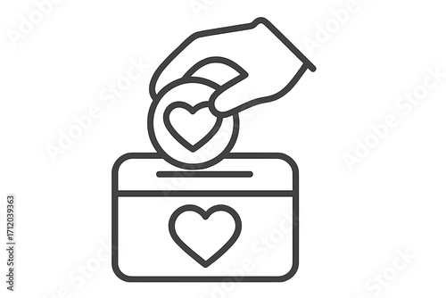Donation and charity outline vector icon. Hand putting a heart coin into a money box. Concept of giving, help, support, and love. Social care, fundraising, and volunteering.
