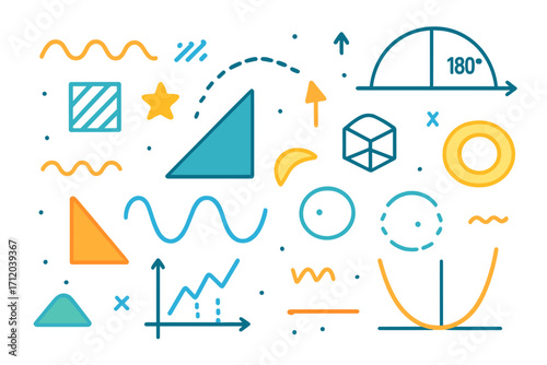 Set of math and geometry doodle elements. Abstract background concept. Vector cartoon illustration with shapes, graphs, algebra symbols, and scientific icons for education.