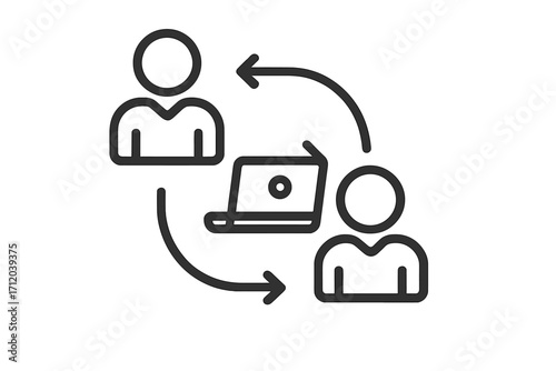 Remote work and online collaboration icon. Business communication and teamwork concept. People connecting via laptop for virtual meeting, webinar or e-learning. Peer-to-peer.