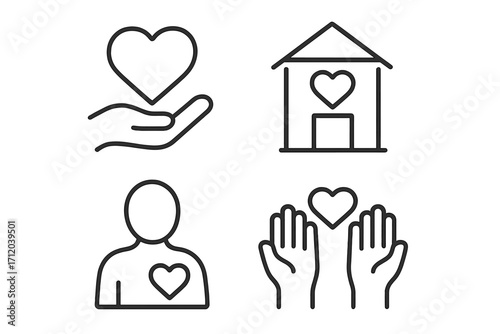 Charity and donation icon set. Linear symbols for volunteering, support, and kindness. Vector icons of hand holding heart, shelter, and care for community and health.