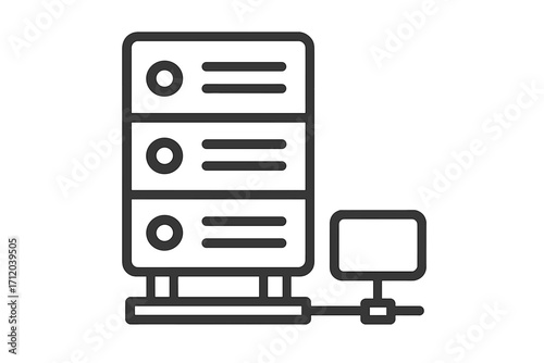 Server rack icon. Data center, web hosting, network infrastructure concept. Database storage, cloud computing technology. System administration, IT support symbol. Linear vector.