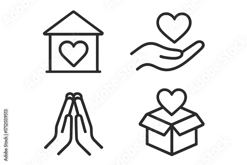 Charity and donation line icon set. Volunteer center, giving love, prayer for hope, and donation box symbols. Metaphor for support, community help, fundraising and social work. Vector.