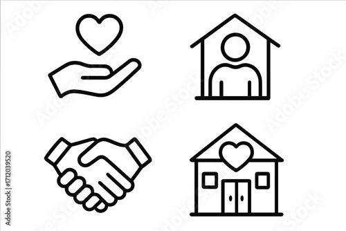 Charity and community icon set. Line art icons for donation, home shelter, real estate, and partnership. Vector symbols for care, support, agreement, and a loving home.