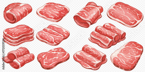 An illustrated collection of various fresh raw meat cuts, including steaks, sliced bacon, and rolled portions.
