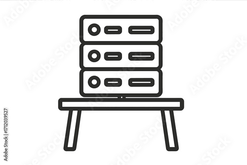 Server rack icon. Data center hardware symbol. Network infrastructure, web hosting, and database storage concept. Technology outline vector illustration for cloud computing.