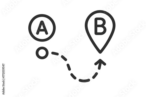 Route from point A to point B. Location pin icon for destination. Start and finish concept. Path, distance, and journey tracking. Navigation and direction symbol for GPS.
