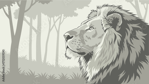 Majestic Lion Profile in Monochromatic Forest Setting.
