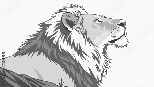 Majestic Lion Profile Wild Cat Portrait Gray Scale Vector Illustration Powerful Animal Image for Design.