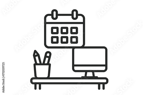 Workspace linear icon. Office desk with computer and calendar. Business organization and time management concept. Workplace organization, project planning, schedule, deadline symbol.